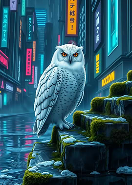 Owl in Cyberpunk Cityscape
