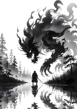 Warrior Facing Shadow Dragon in Monochrome Ink Painting