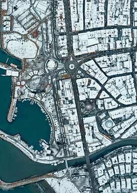 Snowy Cityscape Aerial View