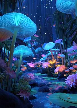 Glowing Mushroom Forest at Night