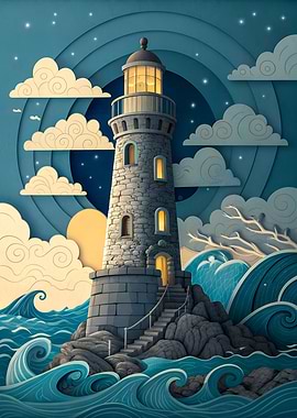 Beacon of Hope Layered Papercut Lighthouse on Stormy Rocks