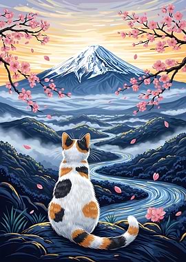 Cat gazing at Mount Fuji scenery