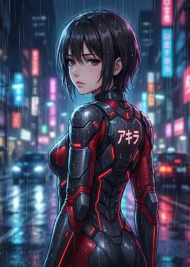 Cyberpunk Girl in Rainy Cityscape