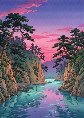 Serene River Landscape at Sunset