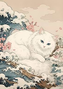 White Cat on Waves with Cherry Blossoms