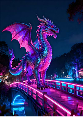 Neon Dragon on Bridge at Night