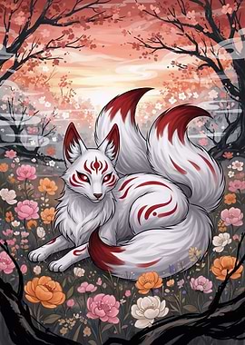 Nine-tailed Fox in Floral Landscape