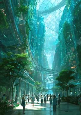 Futuristic Cityscape with Lush Vegetation