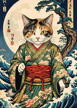 Cat in Kimono with Moon Background