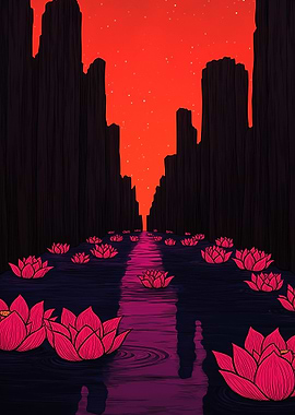 Lotus Flowers in a Dark Canyon