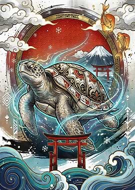 Japanese Turtle Art with Mount Fuji