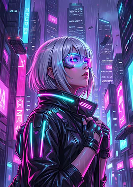 Cyberpunk Girl in Neon Cityscape
