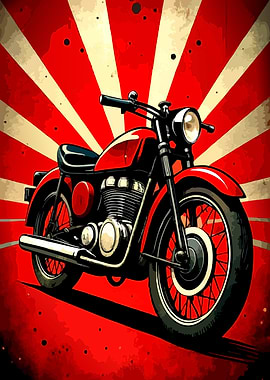 Red Motorcycle with Rising Sun Background