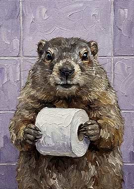 Groundhog Holding Toilet Paper Roll Painting