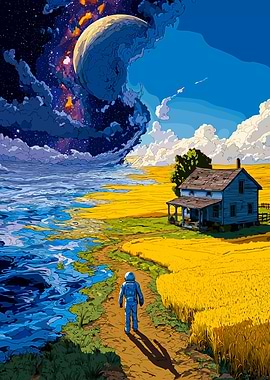 Surreal Landscape with Astronaut and Farmhouse