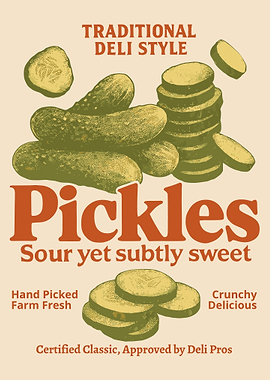 Traditional Deli Pickles Poster, Vintage Kitchen Wall Art, Farm Fresh Pickle Print