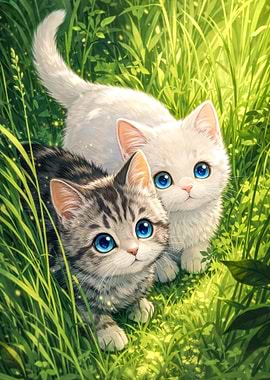 Two Cute Kittens in Green Grass