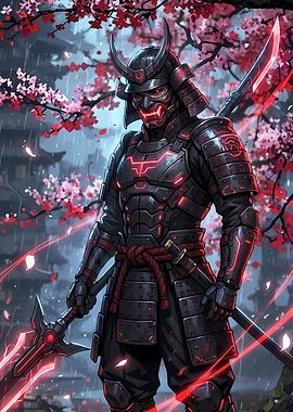 Cyberpunk Samurai in Cherry Blossom Rain