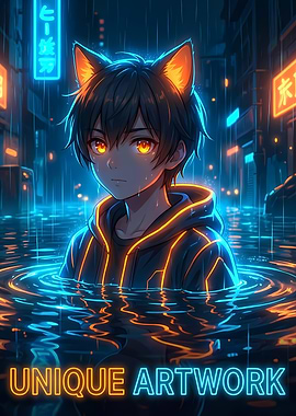 Anime Boy with Cat Ears in Rain