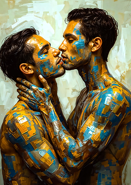 Geometric Gay Couple Embrace Passionate Abstract Kiss