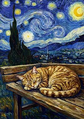 Cat Sleeping Under Starry Night Painting
