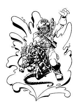 Diver riding seahorse, black and white