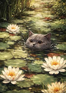 gray cat swimming in a lily pond