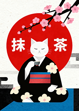 Cat in Kimono Drinking Matcha Tea