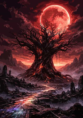 Blood Moon Tree Fantasy Landscape
