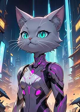 Cyberpunk Cat Warrior in Futuristic City