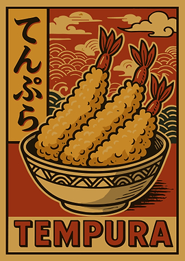 Tempura Japanese Food Poster, Retro Asian Kitchen Wall Art, Vintage Japan Illustration Print