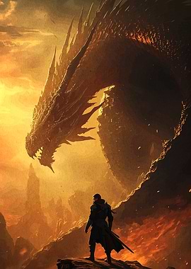 Dragon and Warrior in Fiery Landscape