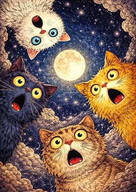 Surprised Cats Under Moonlight