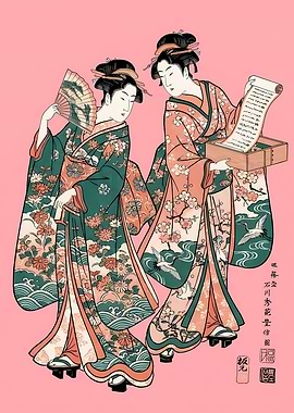 Two Geishas in Kimonos, Ukiyo-e Style