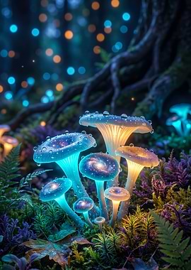 Glowing Galaxy Mushrooms in Forest