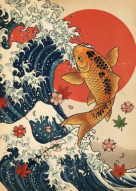 Koi Fish and Waves Illustration
