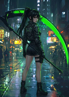 Cyberpunk Girl with Glowing Scythe