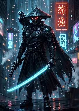 Cyberpunk Samurai with Glowing Sword