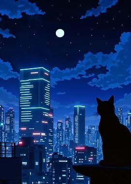 Night Cityscape with Cat Silhouette