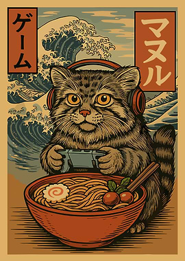 Fluffy Cat Gamer Poster, Japanese Ramen Wall Art, Anime Style Retro Japan Illustration Print