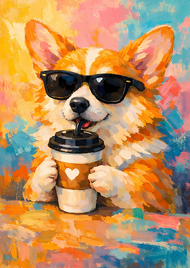 Cool Corgi Sipping Coffee Painting