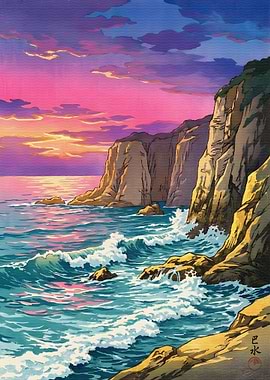 Coastal Cliff Sunset Painting