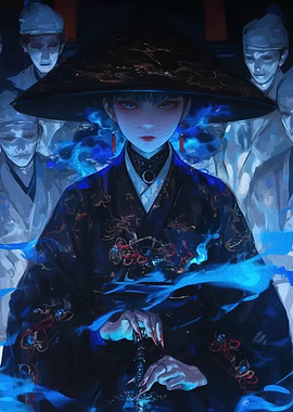 Mysterious Figure with Sword and Spirits