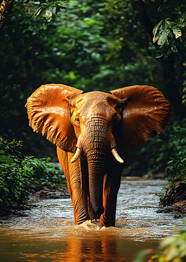 Elephant wading through river in jungle