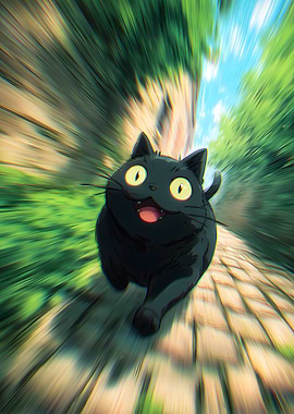Running Black Cat on Cobblestone Path