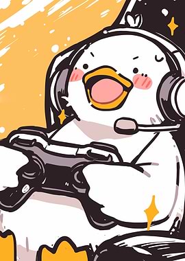 Cartoon Penguin Gamer with Headset