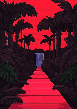 Red Tropical Path to Waterfall
