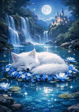 Sleeping White Fox in Fantasy Landscape