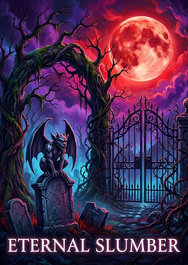 Gargoyle and Cemetery Gate Under Red Moon