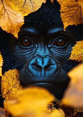Gorilla Portrait with Autumn Leaves